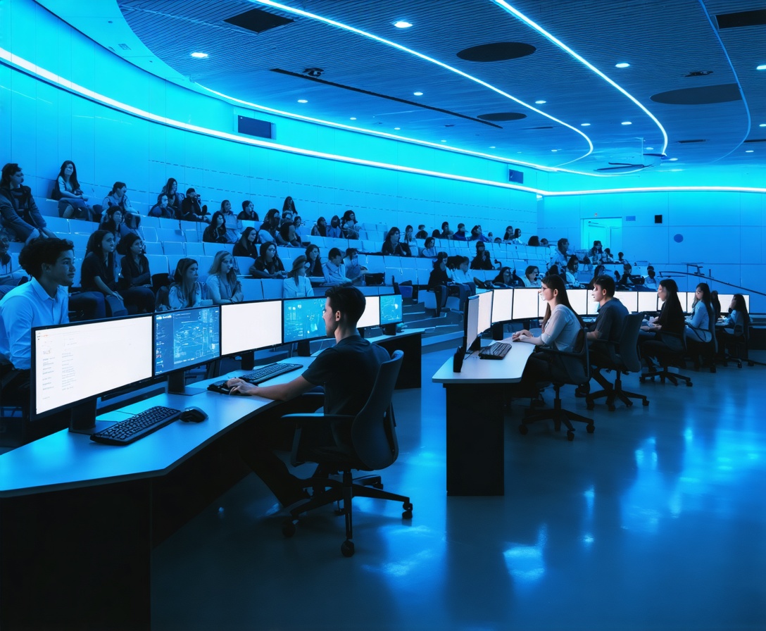 Students working in a high-tech lab at Synthetix Academy with curved monitors and ambient lighting