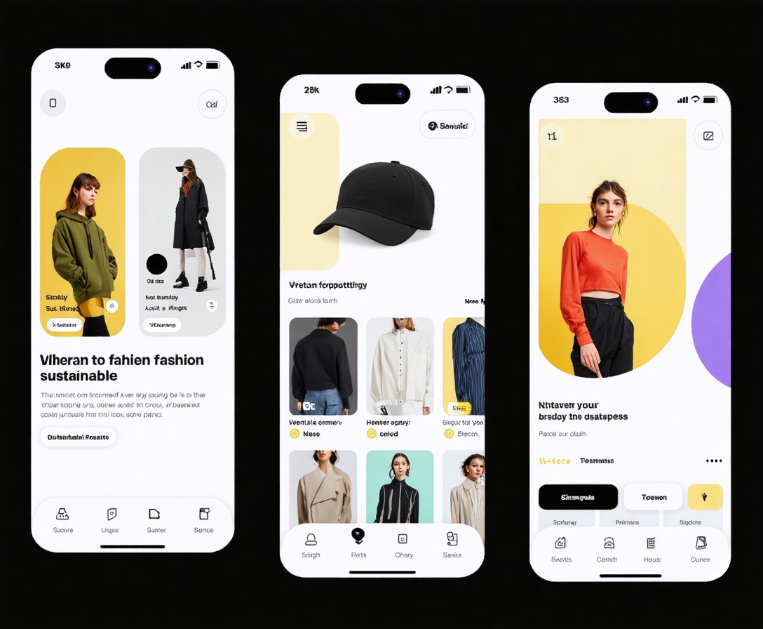 A clean, modern mobile app interface for a sustainable fashion brand with elegant typography