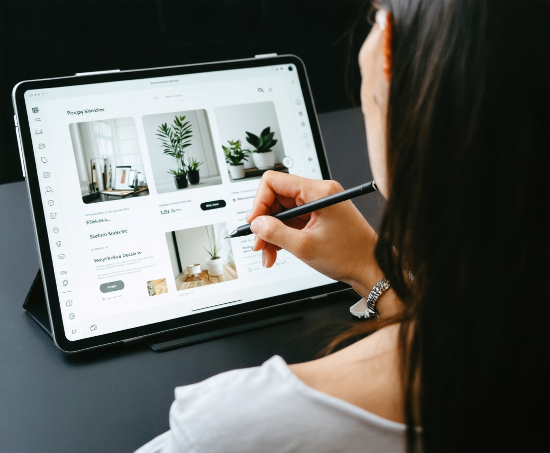 A student meticulously refining a design layout on a professional digital tablet